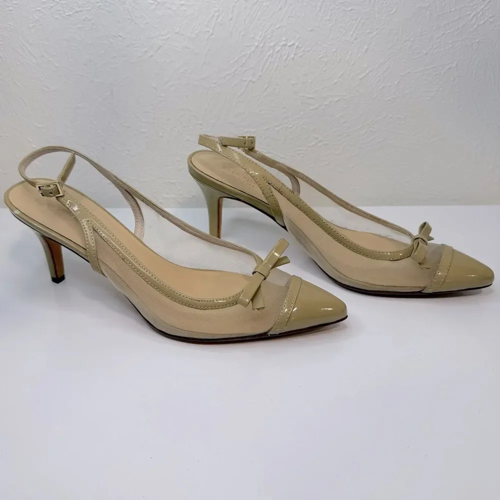 Kate Spade Midge Bow Beige Patent Leather Mesh Pumps Size 8